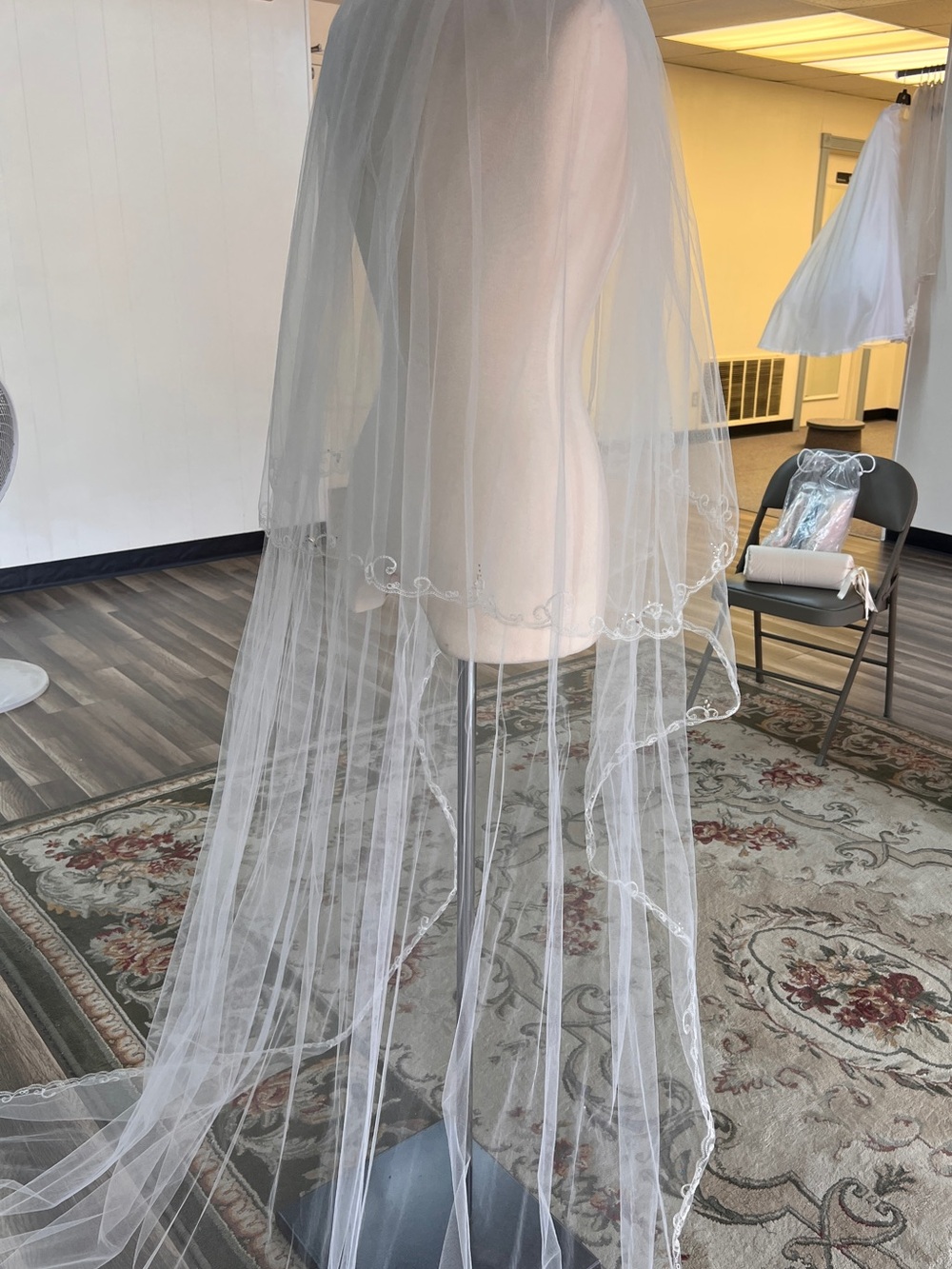 Long 2-Tier Ivory Bridal Veil with Scalloped Edge Embroidery